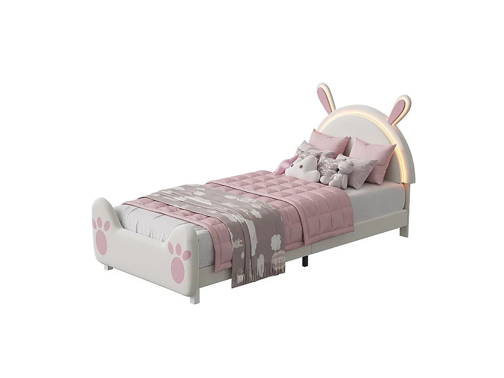 Lit pour enfants mignon - 90 x 200 cm - avec oreilles de lapin RVB LED Light Headboard - velours - sans matelas