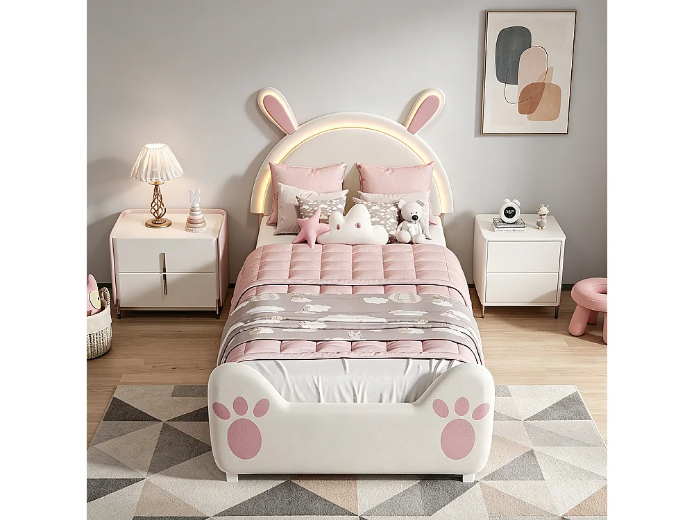Lit pour enfants mignon - 90 x 200 cm - avec oreilles de lapin RVB LED Light Headboard - velours - sans matelas