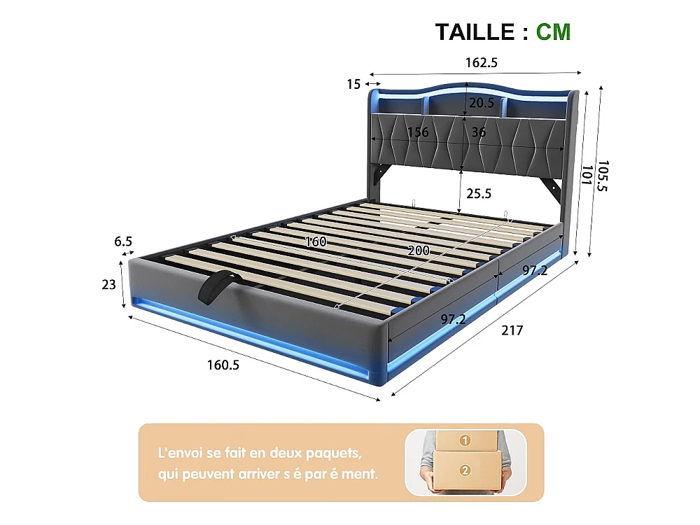 Lit de stockage hydraulique - 160 x 200 cm - Tête de stockage en forme d'onde - avec station de charge LED - Tissu velours - gris