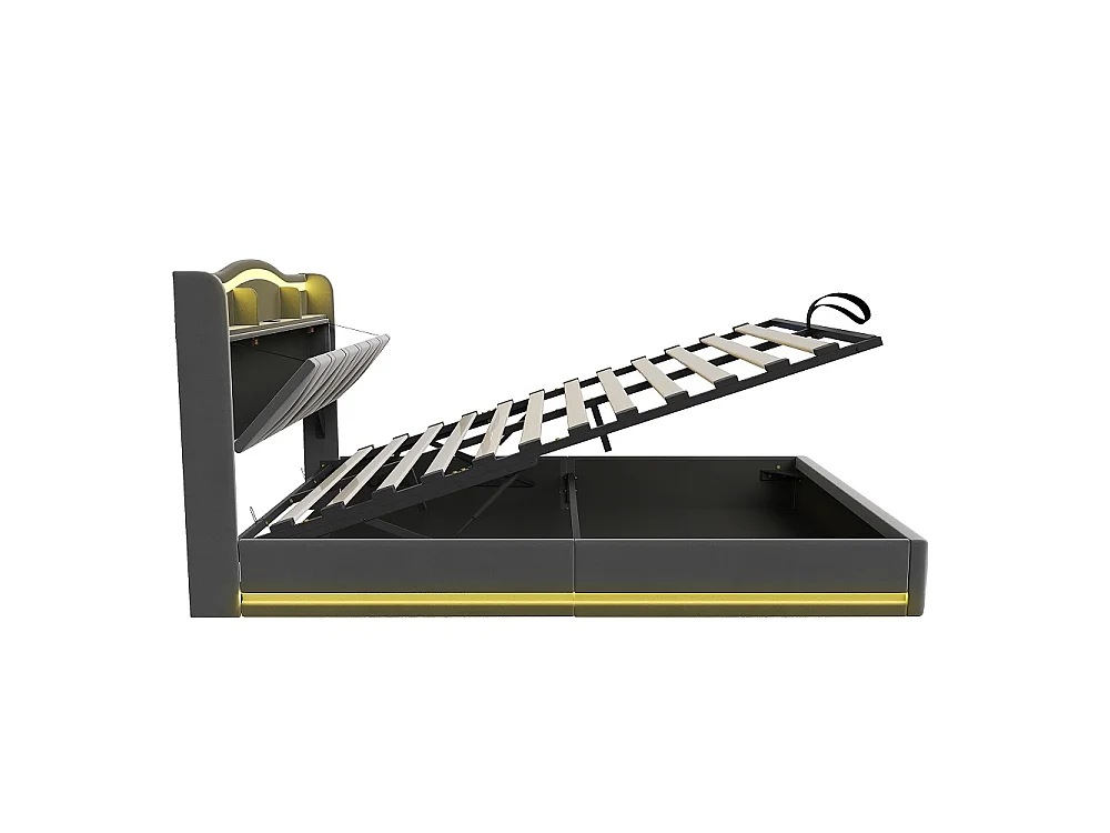 Lit de stockage hydraulique - 160 x 200 cm - Tête de stockage en forme d'onde - avec station de charge LED - Tissu velours - gris