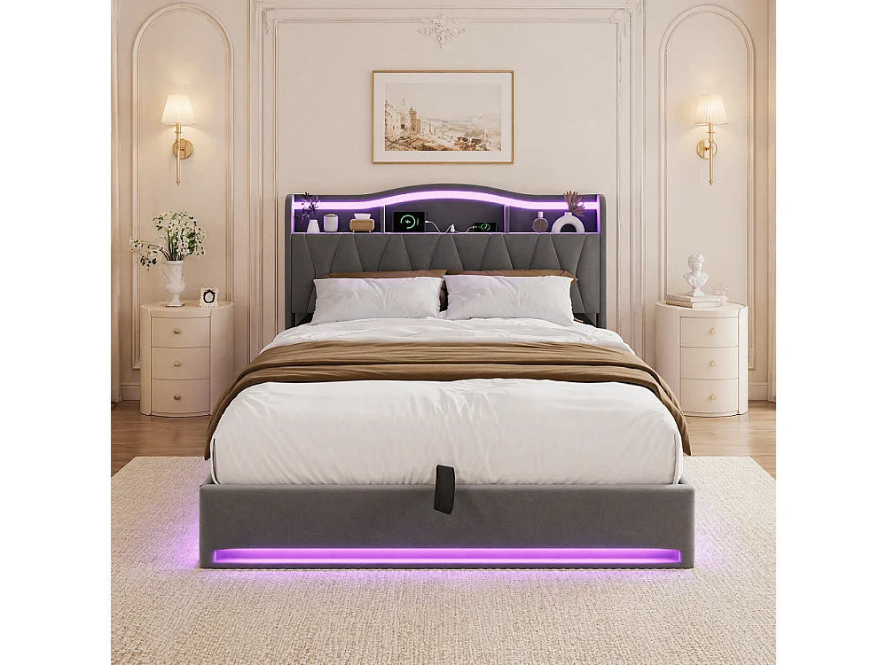 Lit de stockage hydraulique - 160 x 200 cm - Tête de stockage en forme d'onde - avec station de charge LED - Tissu velours - gris