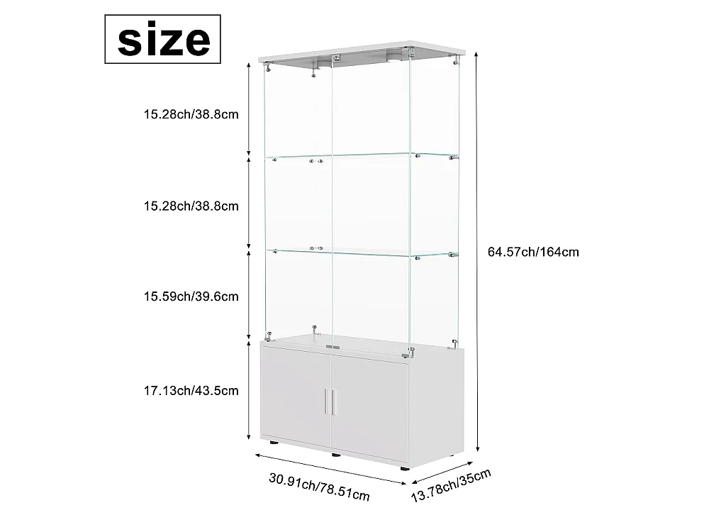 Affichage en verre - 164 x 78.5 x 35 cm - Porte double avec 3 étagères et rangement caché - Lumière de patinage intégrée - Blanc