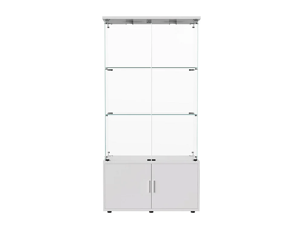 Affichage en verre - 164 x 78.5 x 35 cm - Porte double avec 3 étagères et rangement caché - Lumière de patinage intégrée - Blanc