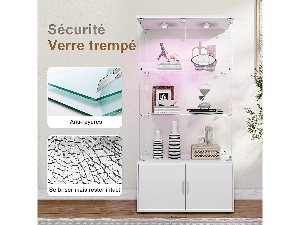 Affichage en verre - 164 x 78.5 x 35 cm - Porte double avec 3 étagères et rangement caché - Lumière de patinage intégrée - Blanc