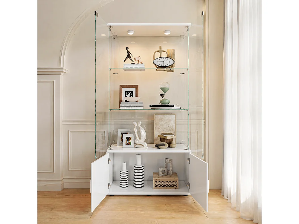 Affichage en verre - 164 x 78.5 x 35 cm - Porte double avec 3 étagères et rangement caché - Lumière de patinage intégrée - Blanc