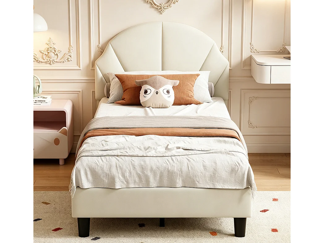Lit enfant - 90 x 190 cm - avec tête en forme d'onde réglable et cadre à lamelles - Velvet - Beige