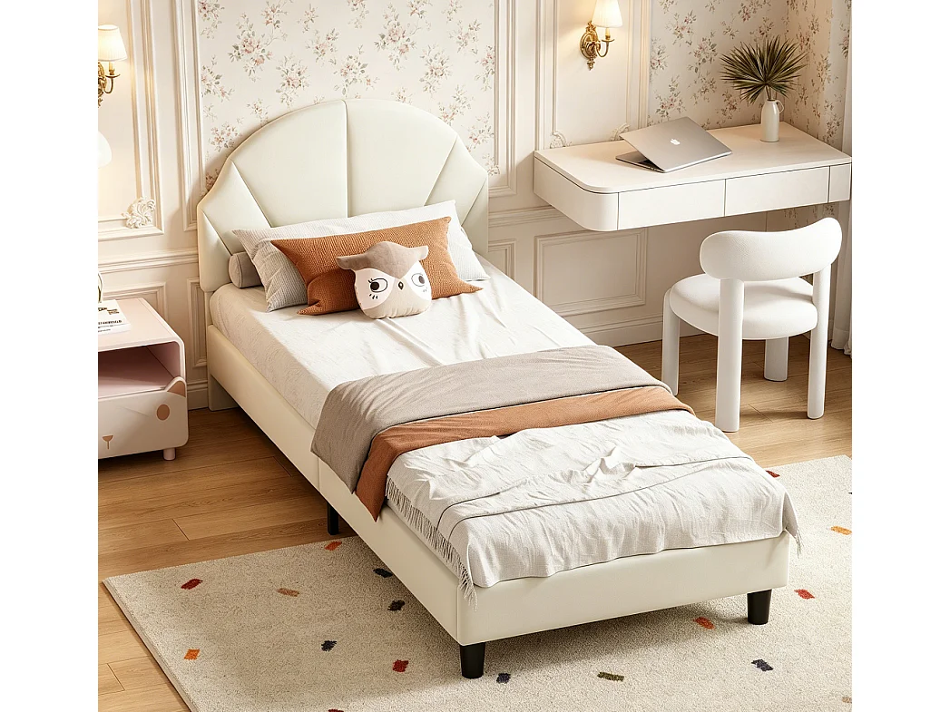Lit enfant - 90 x 190 cm - avec tête en forme d'onde réglable et cadre à lamelles - Velvet - Beige