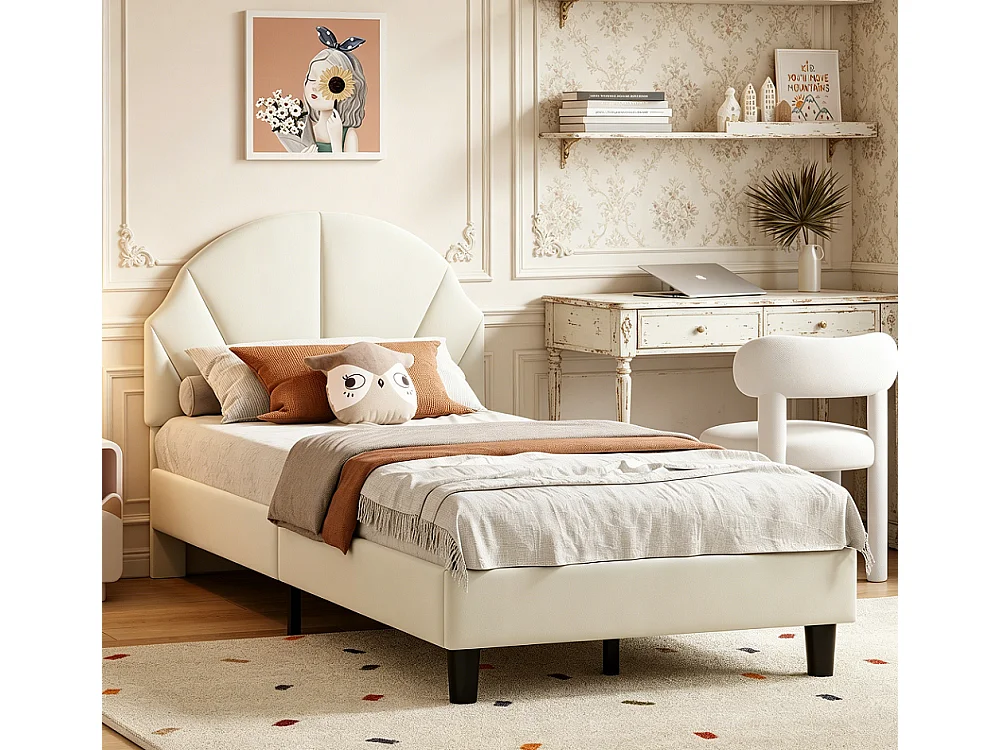 Lit enfant - 90 x 190 cm - avec tête en forme d'onde réglable et cadre à lamelles - Velvet - Beige