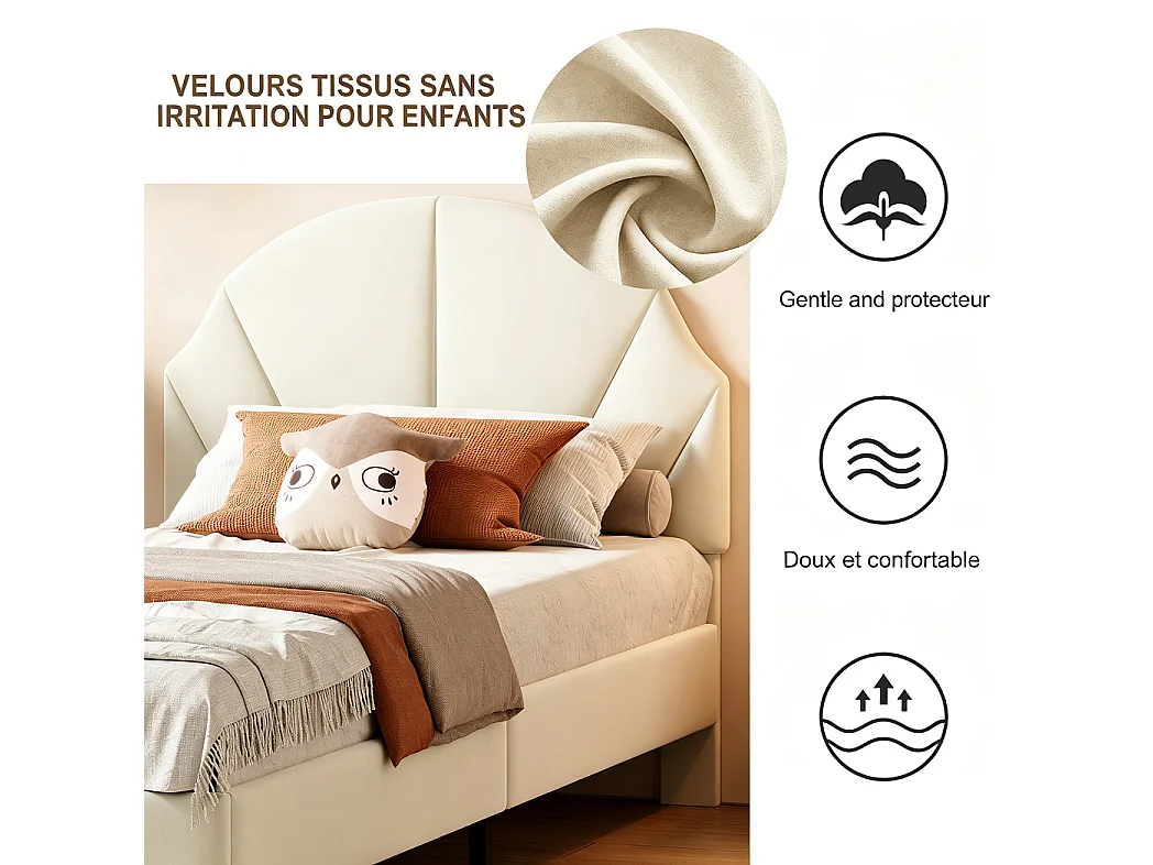 Lit enfant - 90 x 190 cm - avec tête en forme d'onde réglable et cadre à lamelles - Velvet - Beige