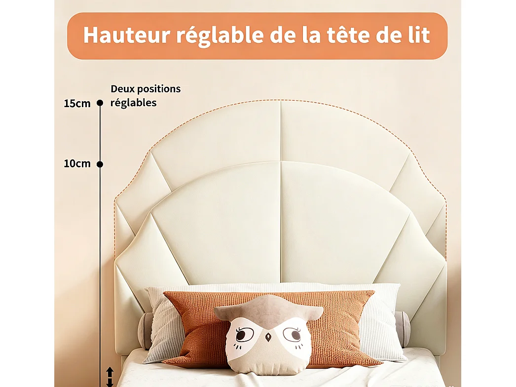 Lit enfant - 90 x 190 cm - avec tête en forme d'onde réglable et cadre à lamelles - Velvet - Beige