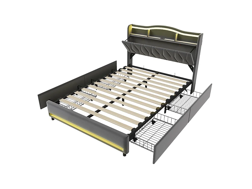 Lit de stockage rembourré - 140 x 200 cm - avec port de charge LED et USB - avec tête de stockage cachée et 4 tiroirs - Velvet - gris