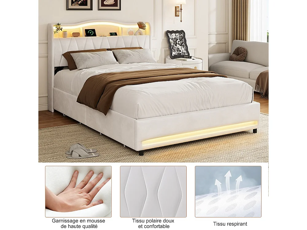 Lit de stockage rembourré - 140 x 200 cm - avec port de charge LED et USB - avec tête de stockage cachée et 4 tiroirs - Velvet - beige
