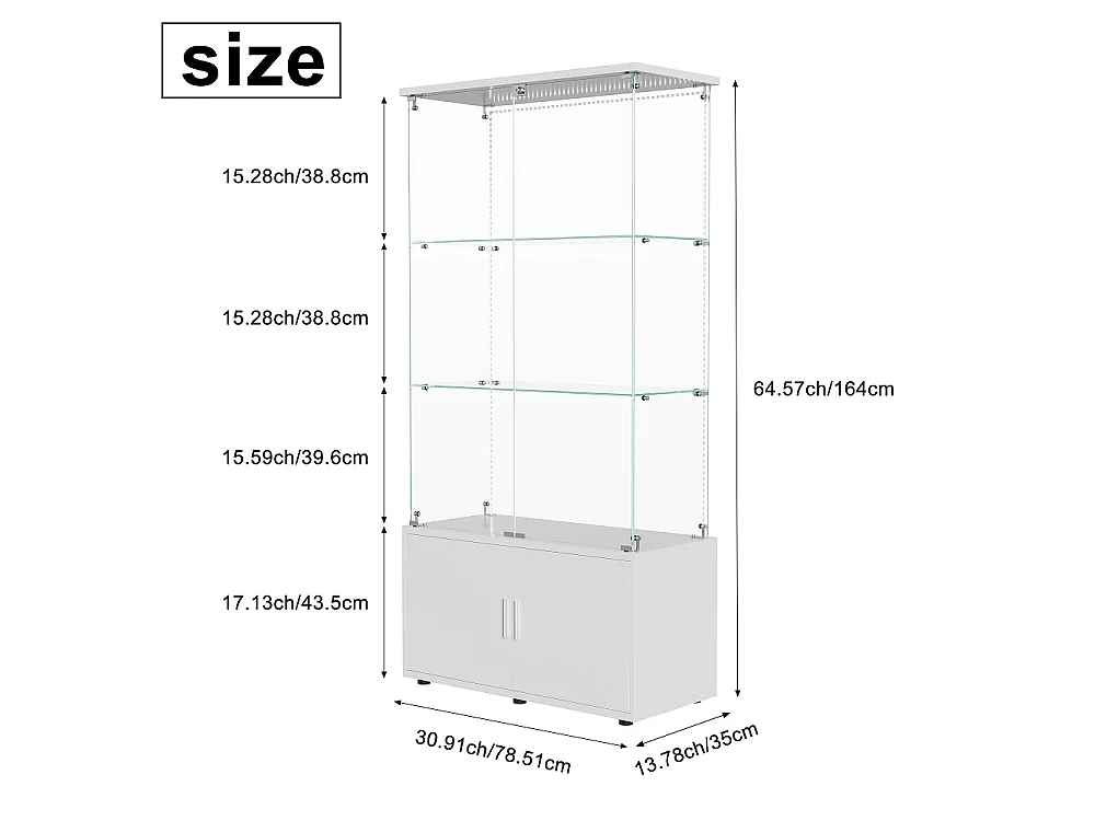 Affichage en verre - 164 x 78,5 x 35 cm - Porte double avec 3 étagères et rangement caché - avec éclairage LED - Blanc