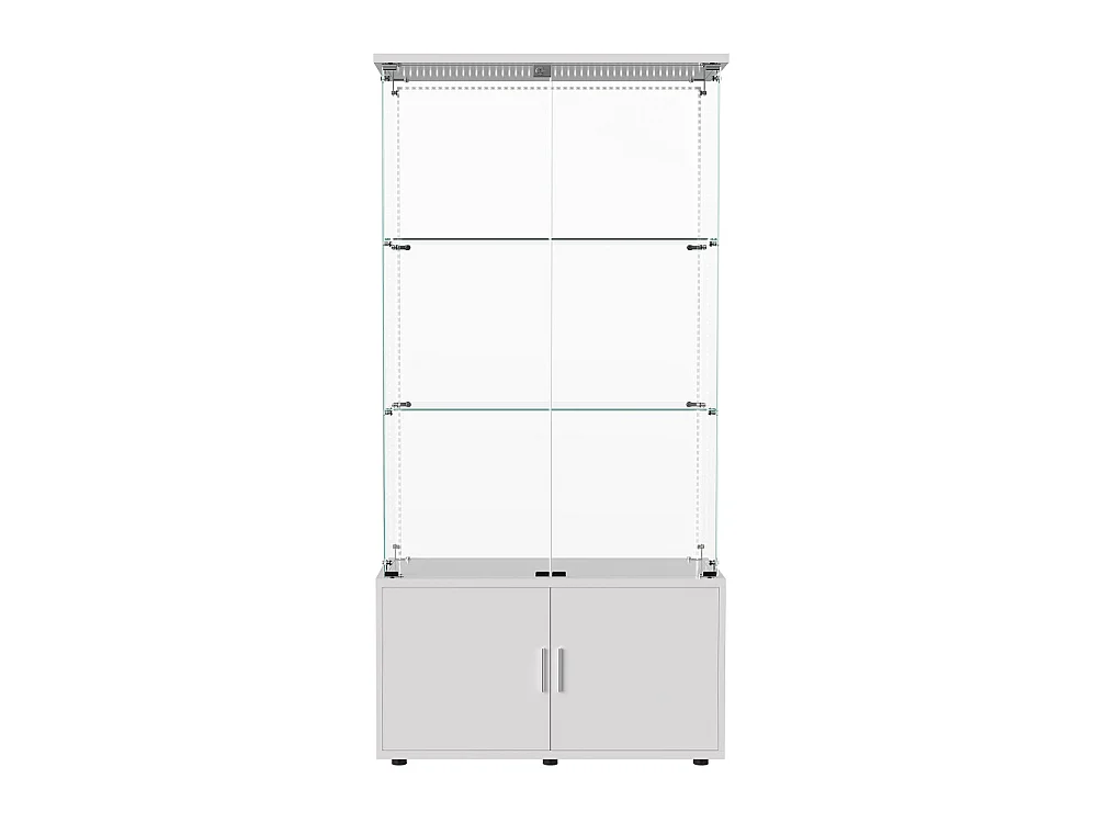 Affichage en verre - 164 x 78,5 x 35 cm - Porte double avec 3 étagères et rangement caché - avec éclairage LED - Blanc