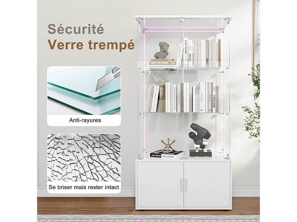 Affichage en verre - 164 x 78,5 x 35 cm - Porte double avec 3 étagères et rangement caché - avec éclairage LED - Blanc