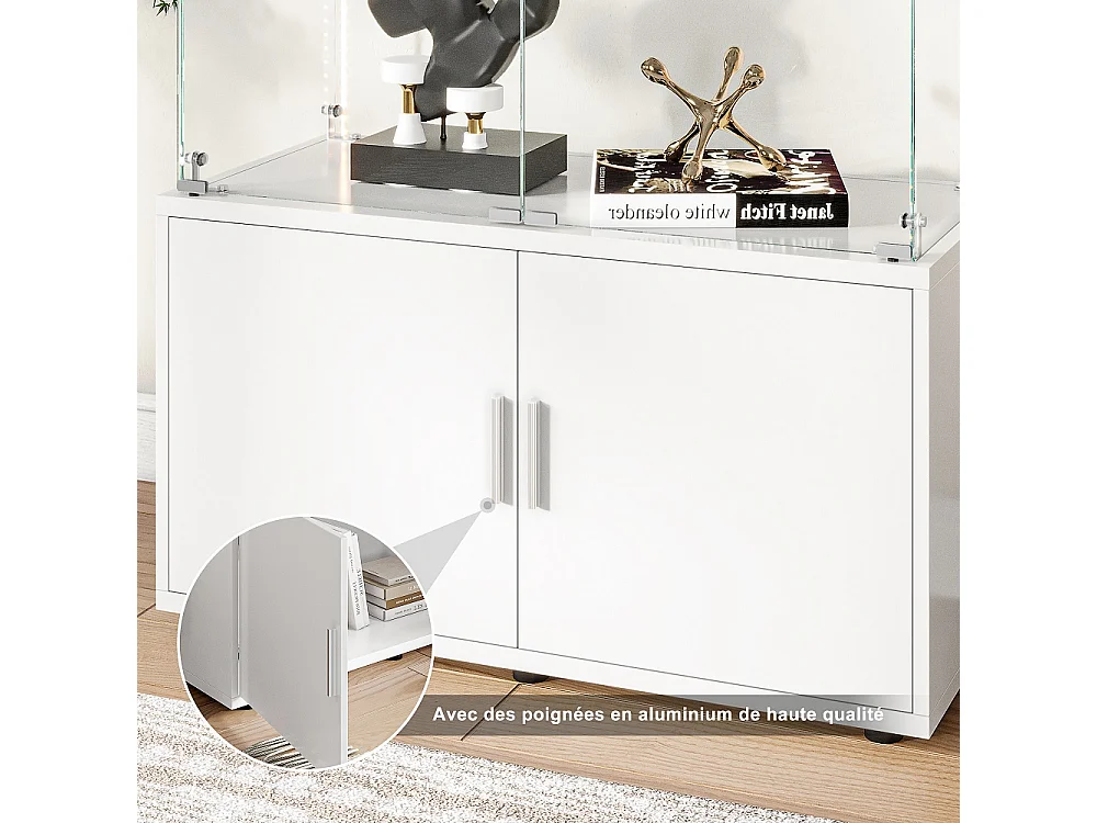 Affichage en verre - 164 x 78,5 x 35 cm - Porte double avec 3 étagères et rangement caché - avec éclairage LED - Blanc