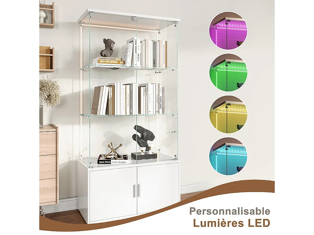 Affichage en verre - 164 x 78,5 x 35 cm - Porte double avec 3 étagères et rangement caché - avec éclairage LED - Blanc