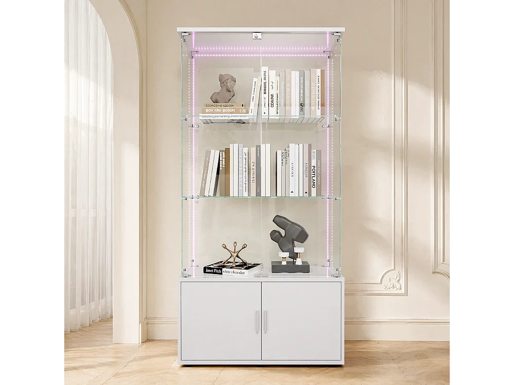 Affichage en verre - 164 x 78,5 x 35 cm - Porte double avec 3 étagères et rangement caché - avec éclairage LED - Blanc