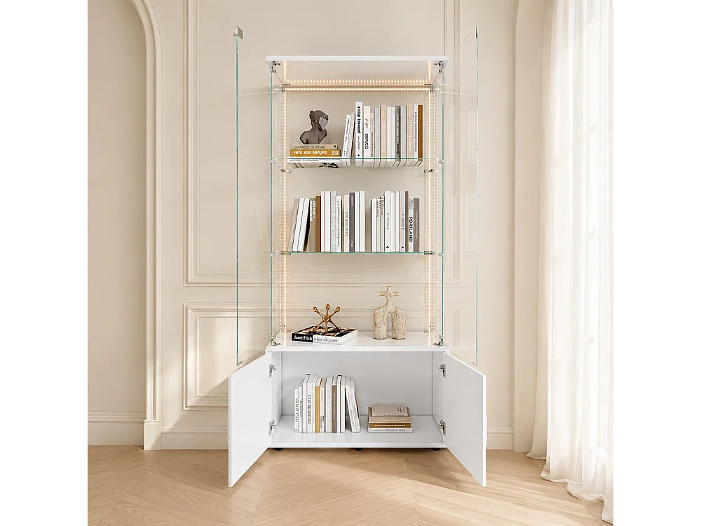 Affichage en verre - 164 x 78,5 x 35 cm - Porte double avec 3 étagères et rangement caché - avec éclairage LED - Blanc