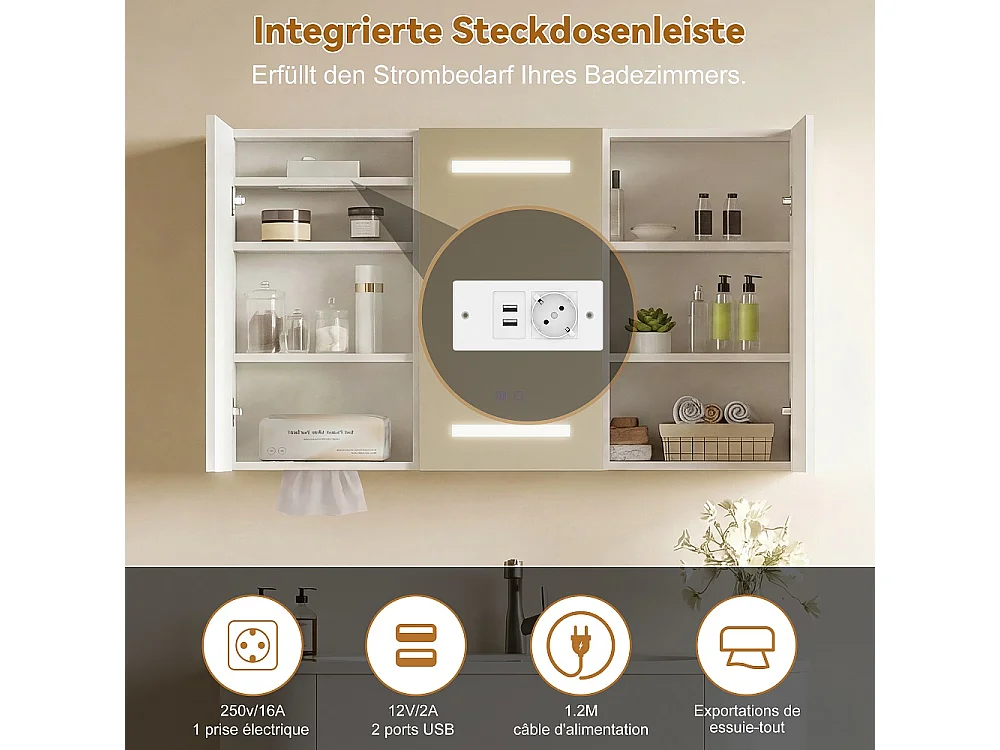 Cabinet de miroir de salle de bain - 100 x 60 x 13.5 cm - 3 portes avec 3 couleurs Lumières LED réglables & Espace de stockage & Déglacateur Fonction et prise