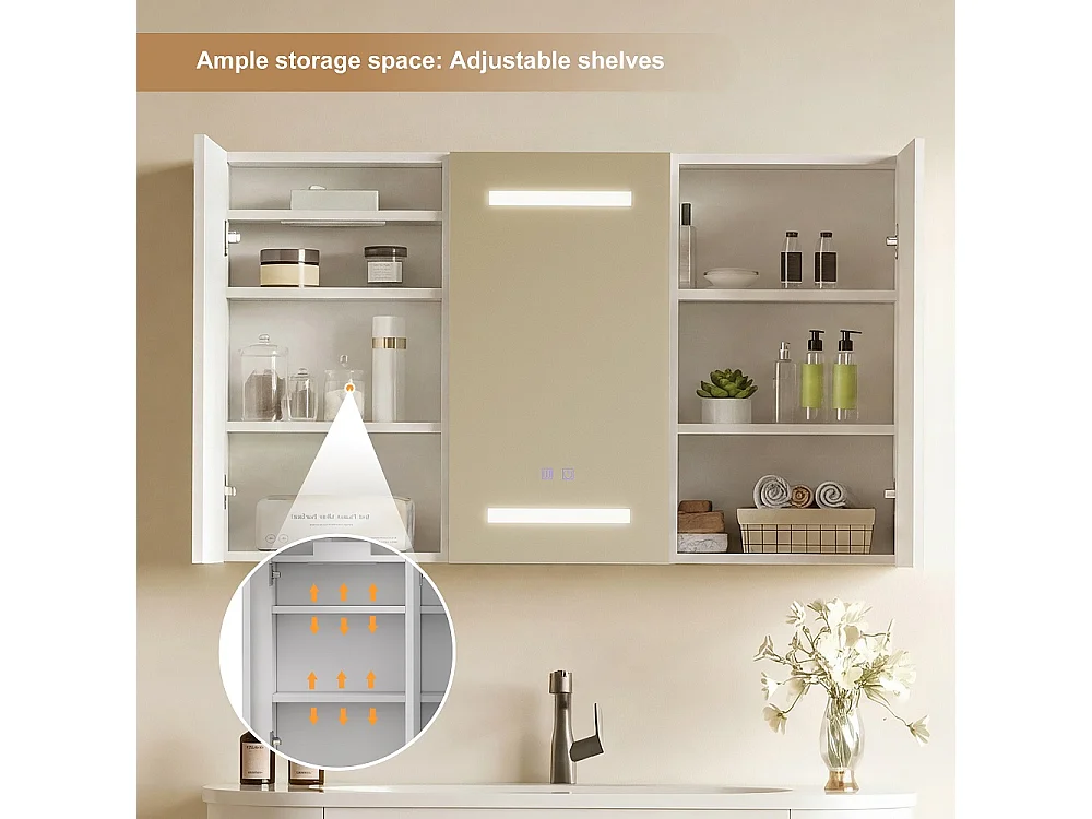 Cabinet de miroir de salle de bain - 100 x 60 x 13.5 cm - 3 portes avec 3 couleurs Lumières LED réglables & Espace de stockage & Déglacateur Fonction et prise