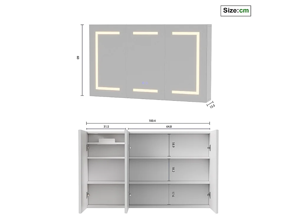 Cabinet de miroir de salle de bain - 100 x 60 x 13.5 cm - 3 portes avec 3 couleurs Lumières LED réglables & Espace de stockage & Déglacateur Fonction et prise