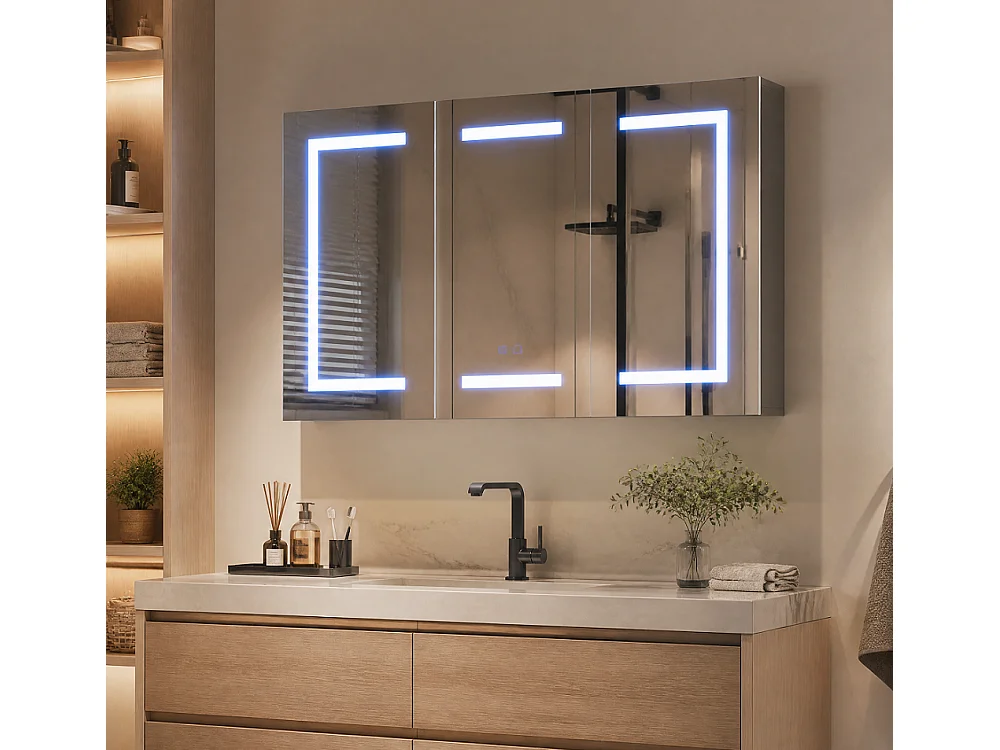 Cabinet de miroir de salle de bain - 100 x 60 x 13.5 cm - 3 portes avec 3 couleurs Lumières LED réglables & Espace de stockage & Déglacateur Fonction et prise