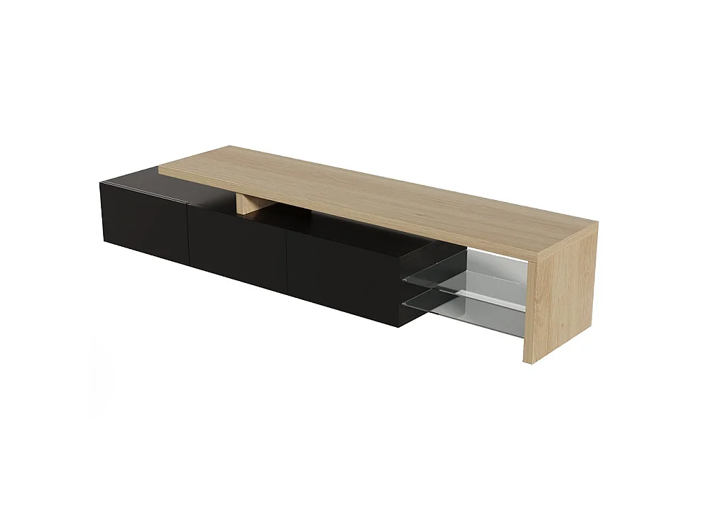 Cabinet TV - 200 x 39 x 42 cm - avec 3 portes et espace ouvert - Éclairage LED à aspect brillant - Noir