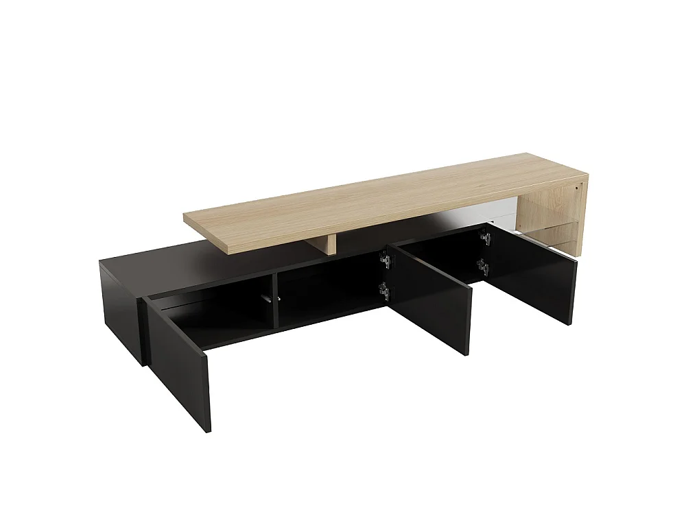 Cabinet TV - 200 x 39 x 42 cm - avec 3 portes et espace ouvert - Éclairage LED à aspect brillant - Noir