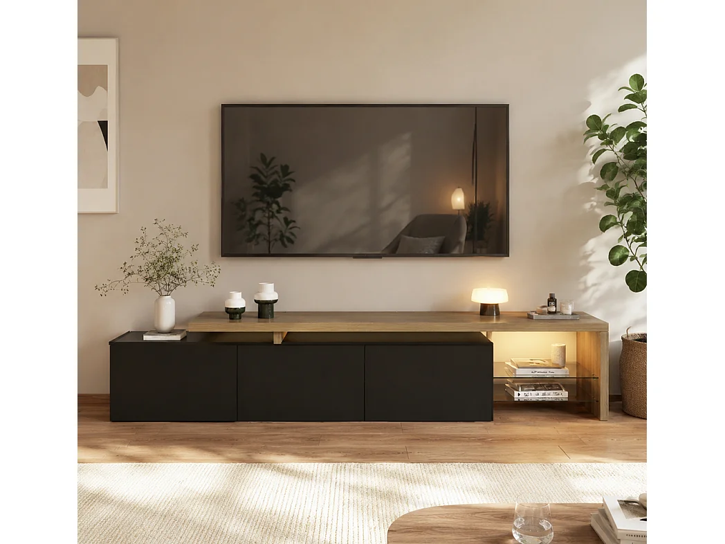 Cabinet TV - 200 x 39 x 42 cm - avec 3 portes et espace ouvert - Éclairage LED à aspect brillant - Noir