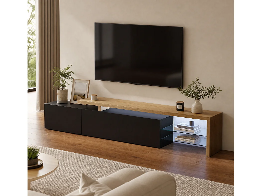 Cabinet TV - 200 x 39 x 42 cm - avec 3 portes et espace ouvert - Éclairage LED à aspect brillant - Noir