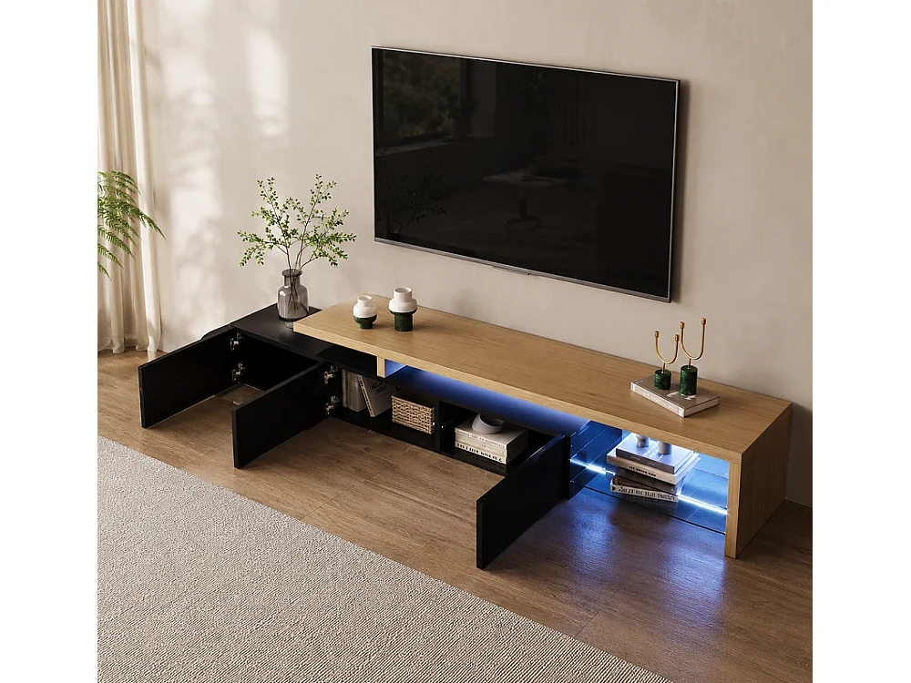 Cabinet TV - 200 x 39 x 42 cm - avec 3 portes et espace ouvert - Éclairage LED à aspect brillant - Noir