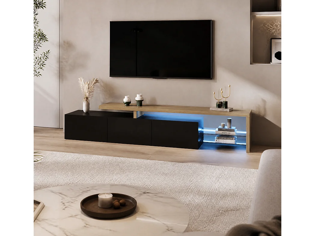 Cabinet TV - 200 x 39 x 42 cm - avec 3 portes et espace ouvert - Éclairage LED à aspect brillant - Noir