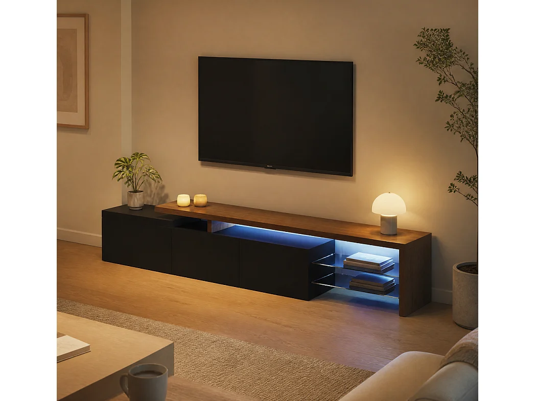 Cabinet TV - 200 x 39 x 42 cm - avec 3 portes et espace ouvert - Éclairage LED à aspect brillant - Noir