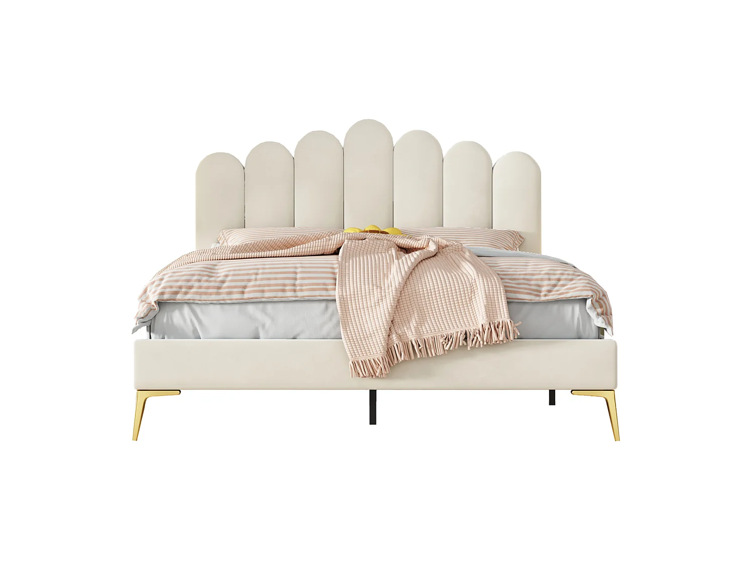 Lit plateforme rembourré - 140 x 200 cm - avec tête réglable en forme de coquille et jambes en métal or - Velvet - Beige