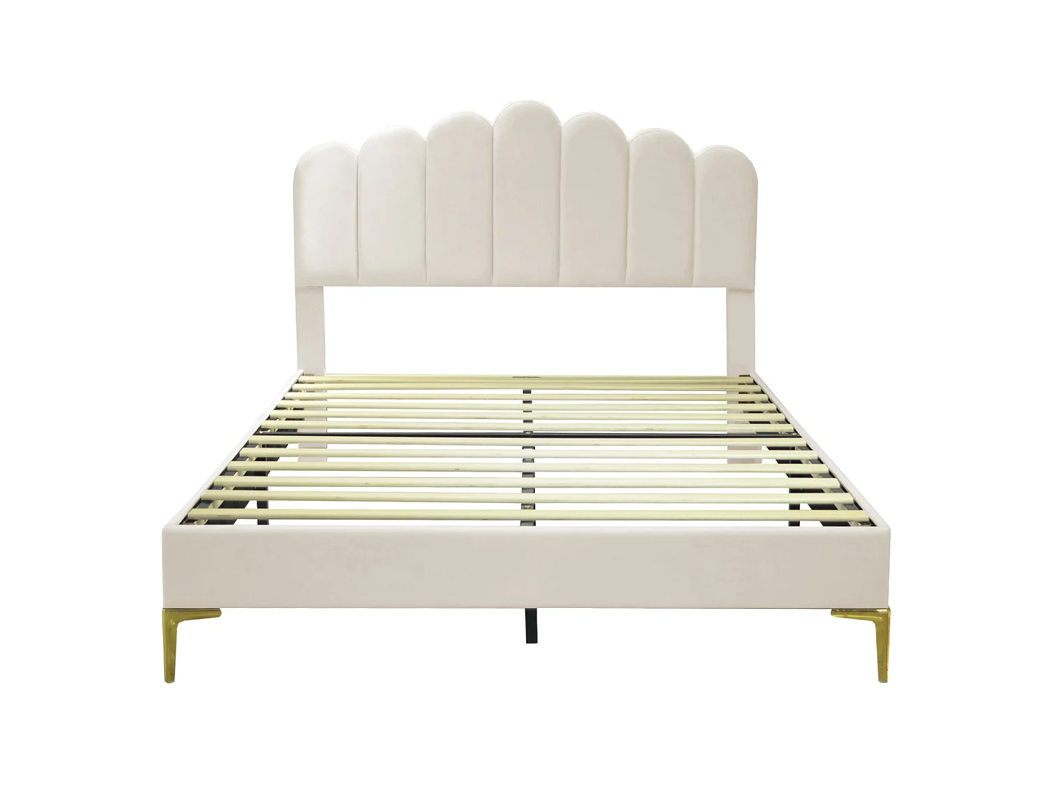 Lit plateforme rembourré - 140 x 200 cm - avec tête réglable en forme de coquille et jambes en métal or - Velvet - Beige