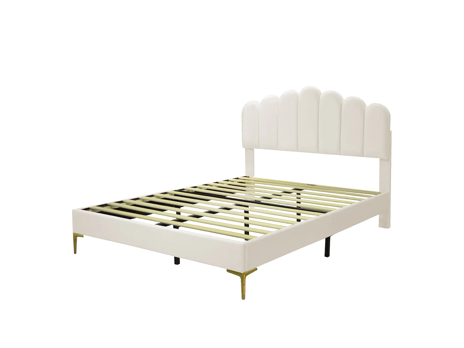 Lit plateforme rembourré - 140 x 200 cm - avec tête réglable en forme de coquille et jambes en métal or - Velvet - Beige