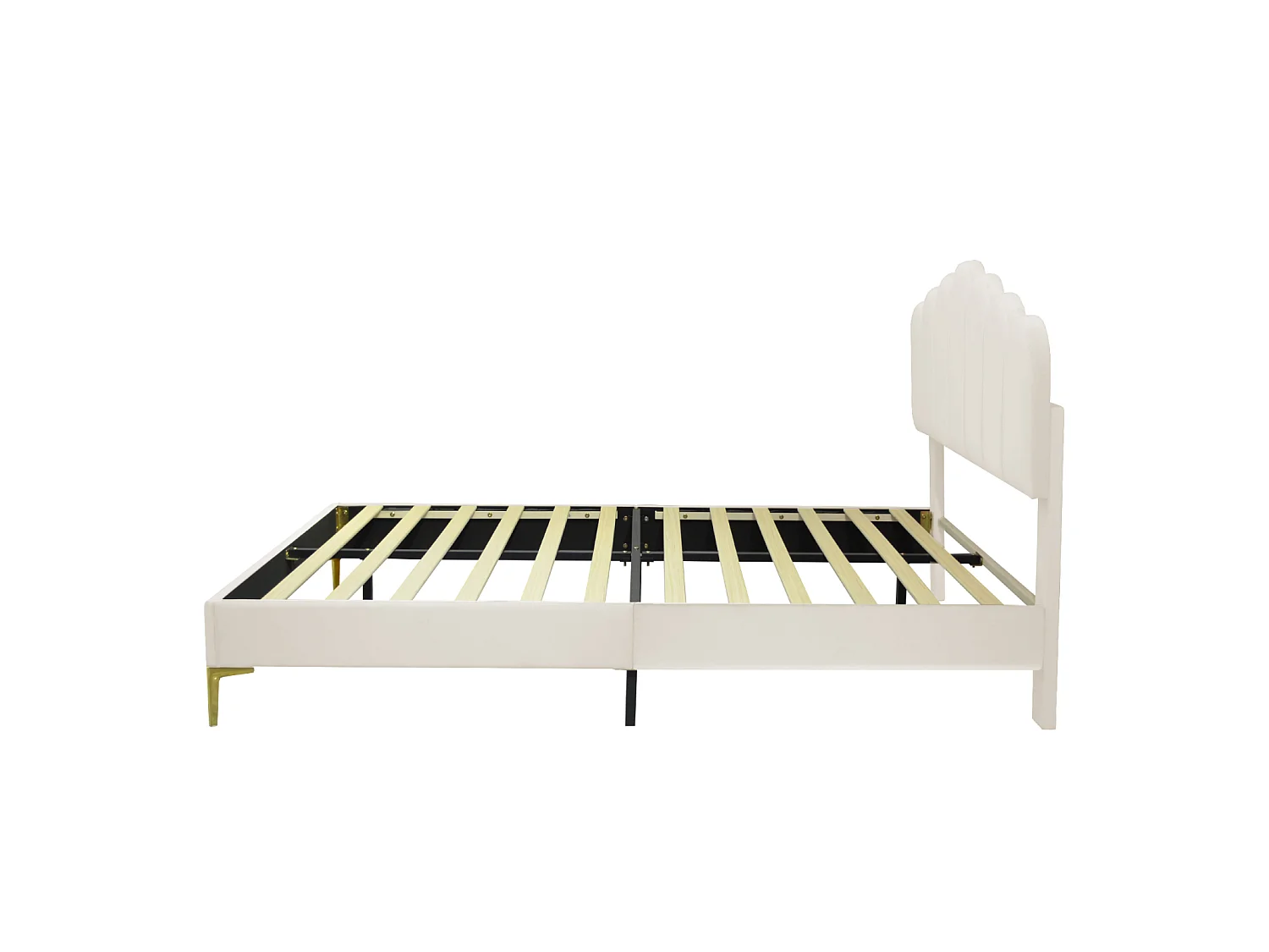 Lit plateforme rembourré - 140 x 200 cm - avec tête réglable en forme de coquille et jambes en métal or - Velvet - Beige