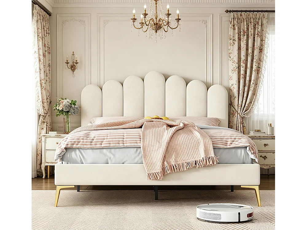 Lit plateforme rembourré - 140 x 200 cm - avec tête réglable en forme de coquille et jambes en métal or - Velvet - Beige