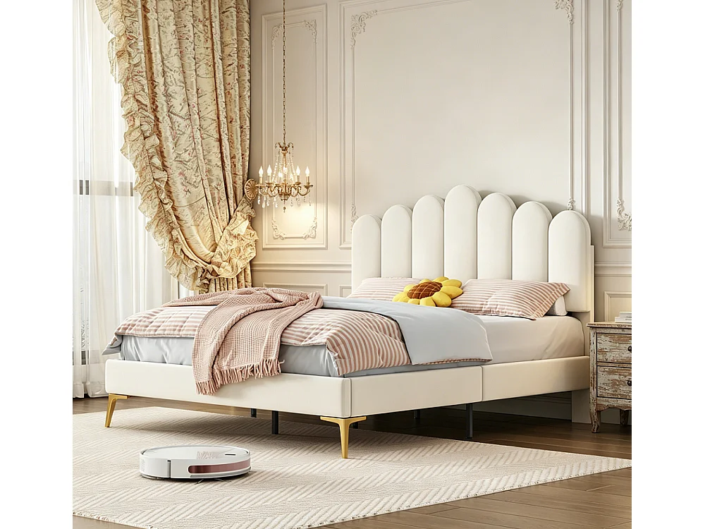 Lit plateforme rembourré - 140 x 200 cm - avec tête réglable en forme de coquille et jambes en métal or - Velvet - Beige