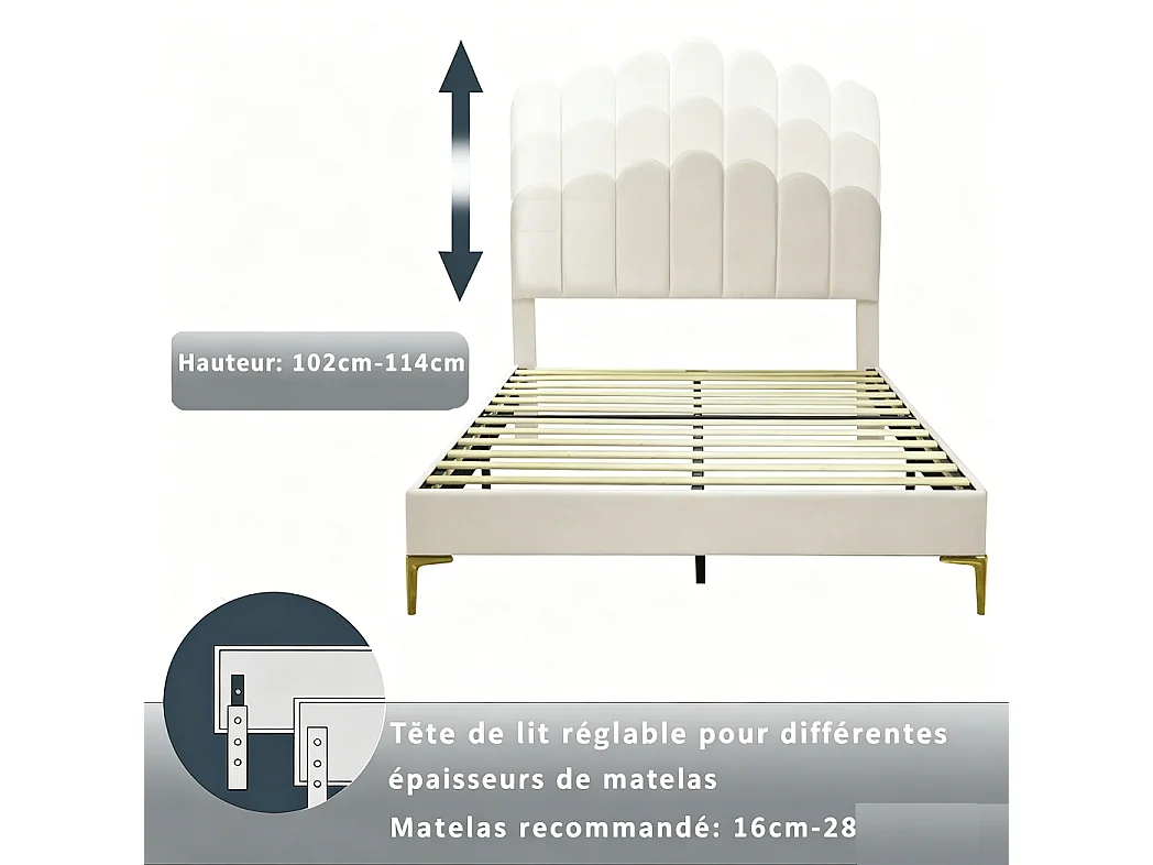 Lit plateforme rembourré - 140 x 200 cm - avec tête réglable en forme de coquille et jambes en métal or - Velvet - Beige