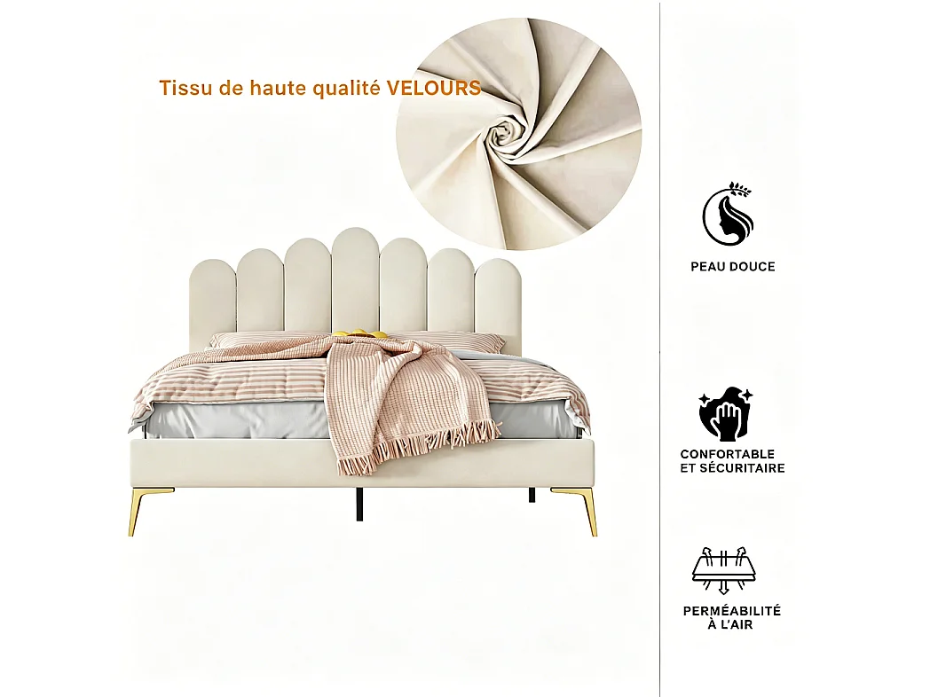 Lit plateforme rembourré - 140 x 200 cm - avec tête réglable en forme de coquille et jambes en métal or - Velvet - Beige