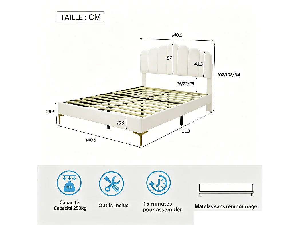 Lit plateforme rembourré - 140 x 200 cm - avec tête réglable en forme de coquille et jambes en métal or - Velvet - Beige