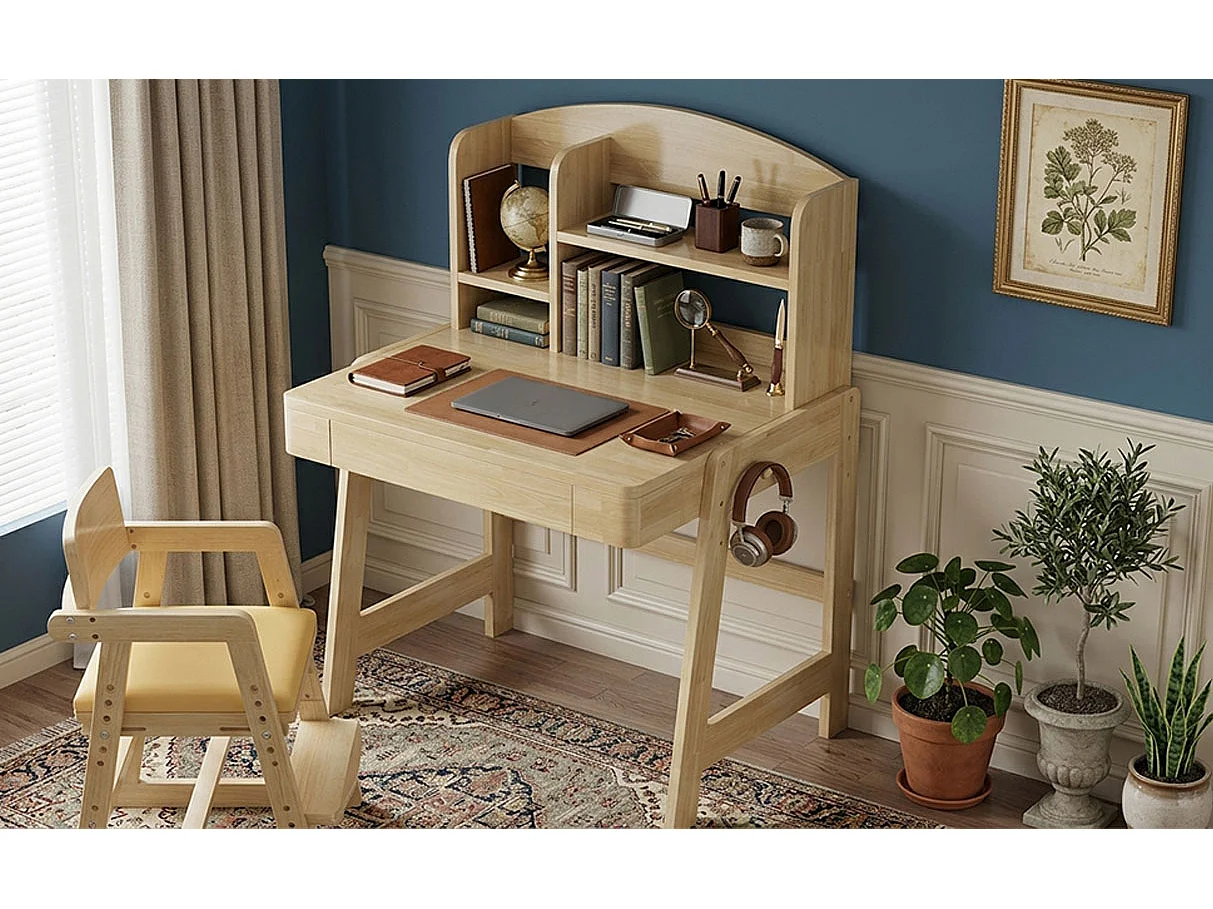 Bureau pour enfant en bois massif, réglable en hauteur, couleur nature, avec tiroirs, rangements et crochets, adapté aux enfants de plus de 6 ans