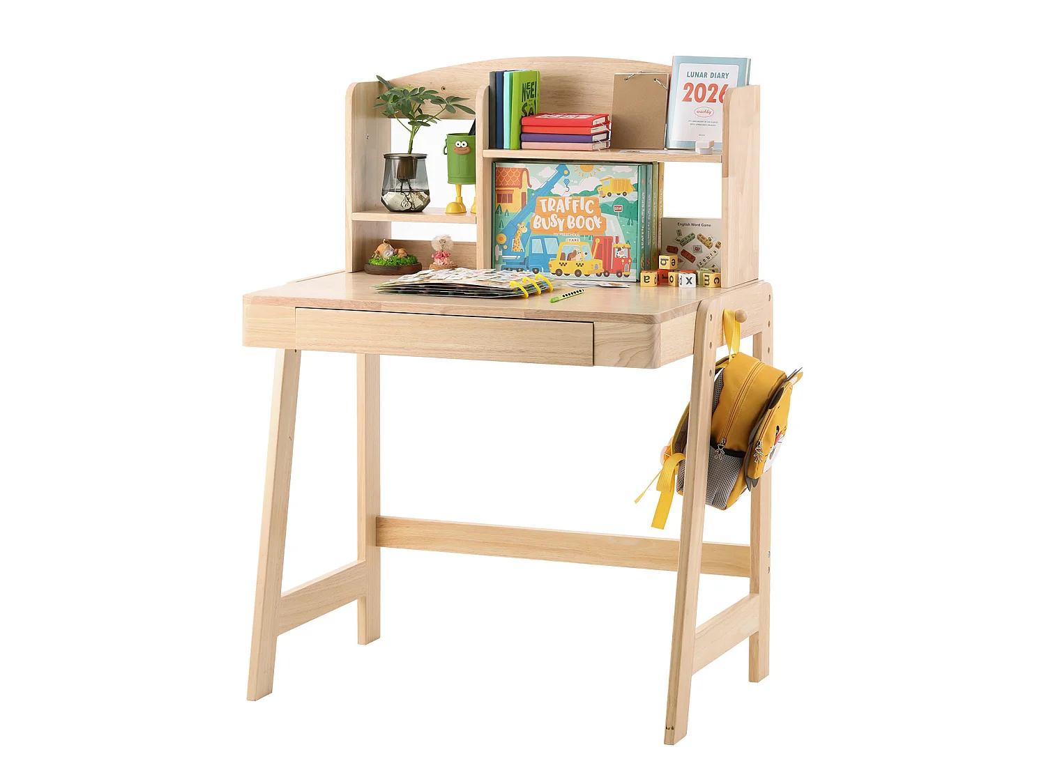 Bureau pour enfant en bois massif, réglable en hauteur, couleur nature, avec tiroirs, rangements et crochets, adapté aux enfants de plus de 6 ans