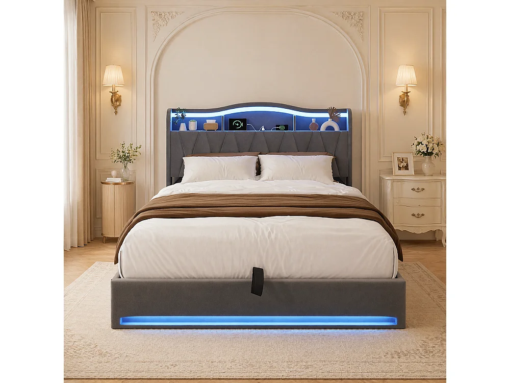 Lit de stockage hydraulique - 140 x 200 cm - Tête de stockage en forme d'onde - avec station de charge LED - Tissu velours - gris