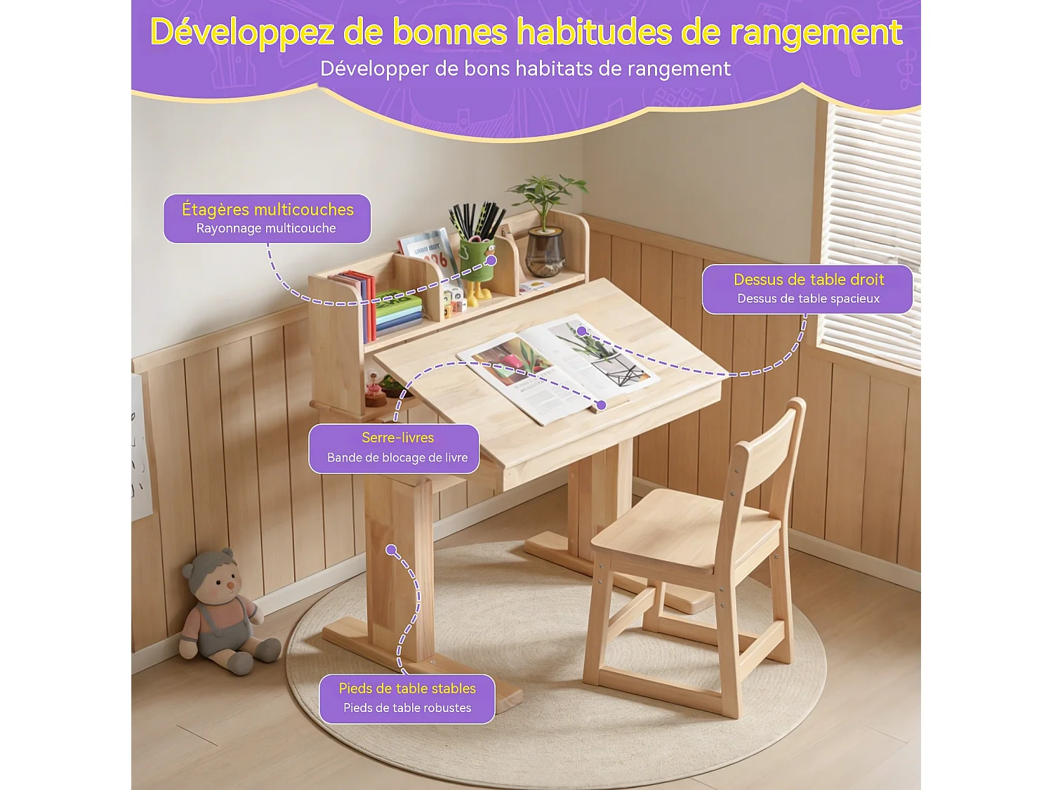 Table pour enfants, hauteur réglable, fabriquée en bois massif, adaptée aux enfants à partir de 6 ans.
