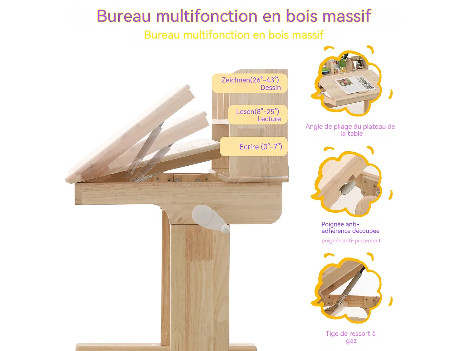 Table pour enfants, hauteur réglable, fabriquée en bois massif, adaptée aux enfants à partir de 6 ans.
