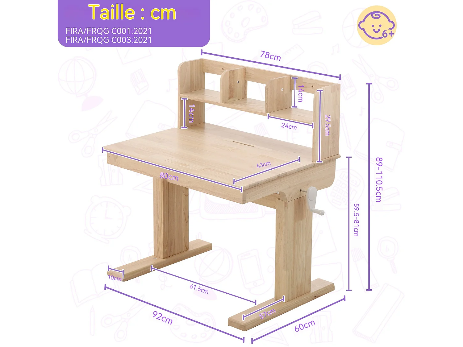 Table pour enfants, hauteur réglable, fabriquée en bois massif, adaptée aux enfants à partir de 6 ans.