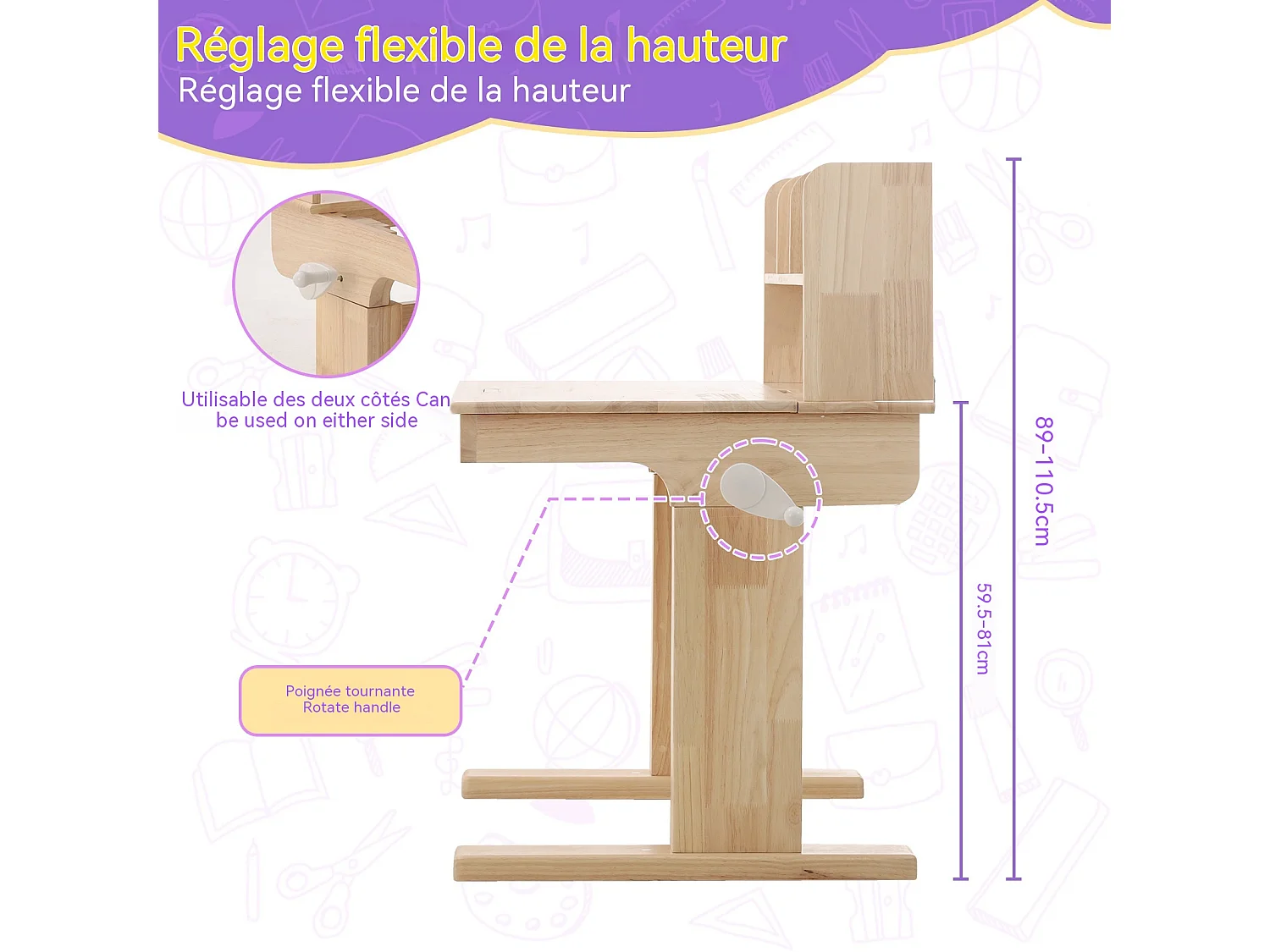 Table pour enfants, hauteur réglable, fabriquée en bois massif, adaptée aux enfants à partir de 6 ans.